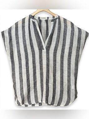 4Our Dreamers Gray White Vertical Stripe 100% Linen Pullover Shirt Blouse XS